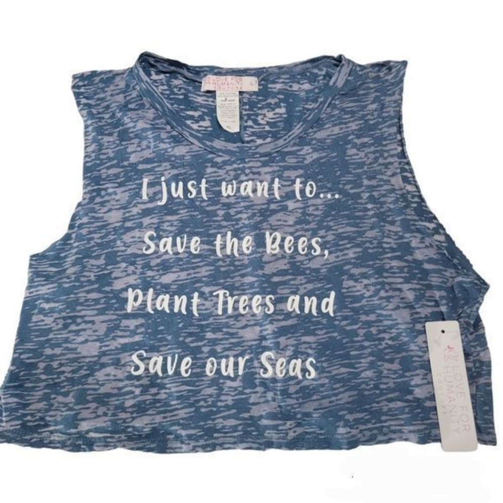 LOVE FOR HUMANITY COUTURE  XL Cropped sleeveless shirt blue save bees trees seas